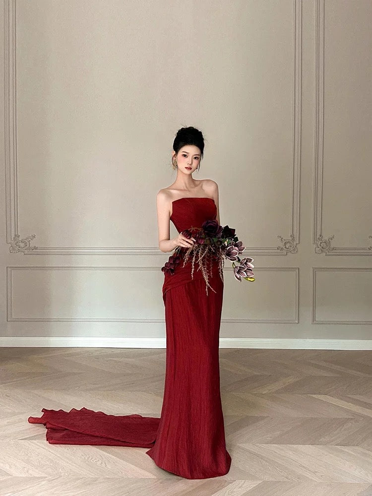 Modest Mermaid Burgundy Strapless Long Prom Gown Summer Wedding Guest Dress Bridal Guest Dresses Wedding Outfits For Guest W0795