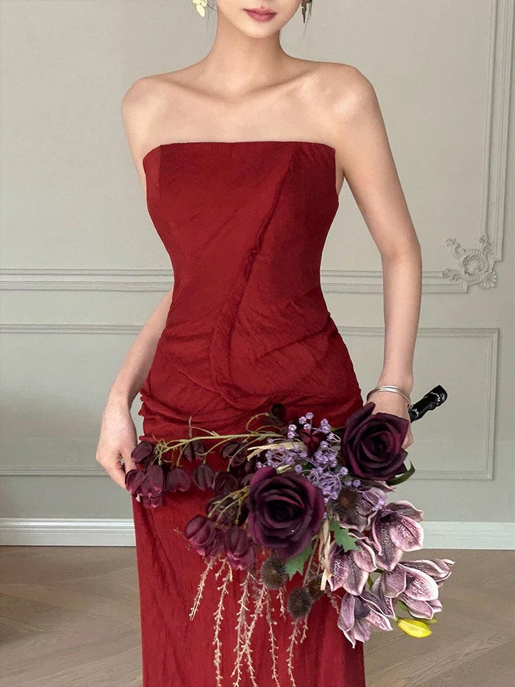 Modest Mermaid Burgundy Strapless Long Prom Gown Summer Wedding Guest Dress Bridal Guest Dresses Wedding Outfits For Guest W0795