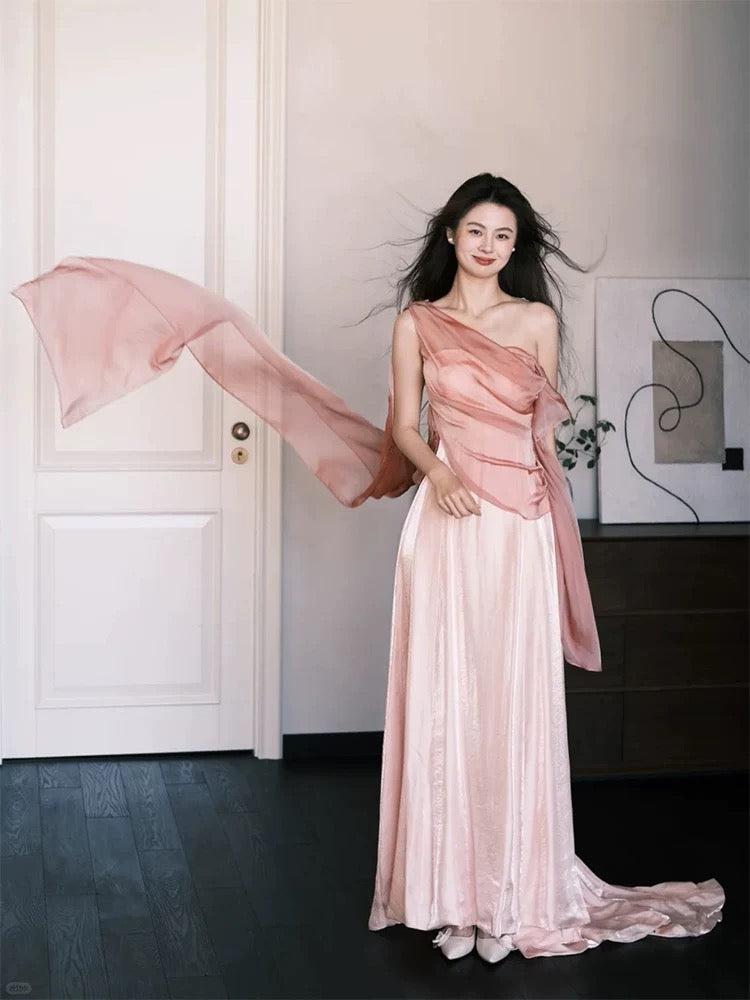 Sexy A line One Shoulder Pink Satin Sleeveless Prom Dresses Party Dress Summer Birthday Outfits Birthday Dresses W805
