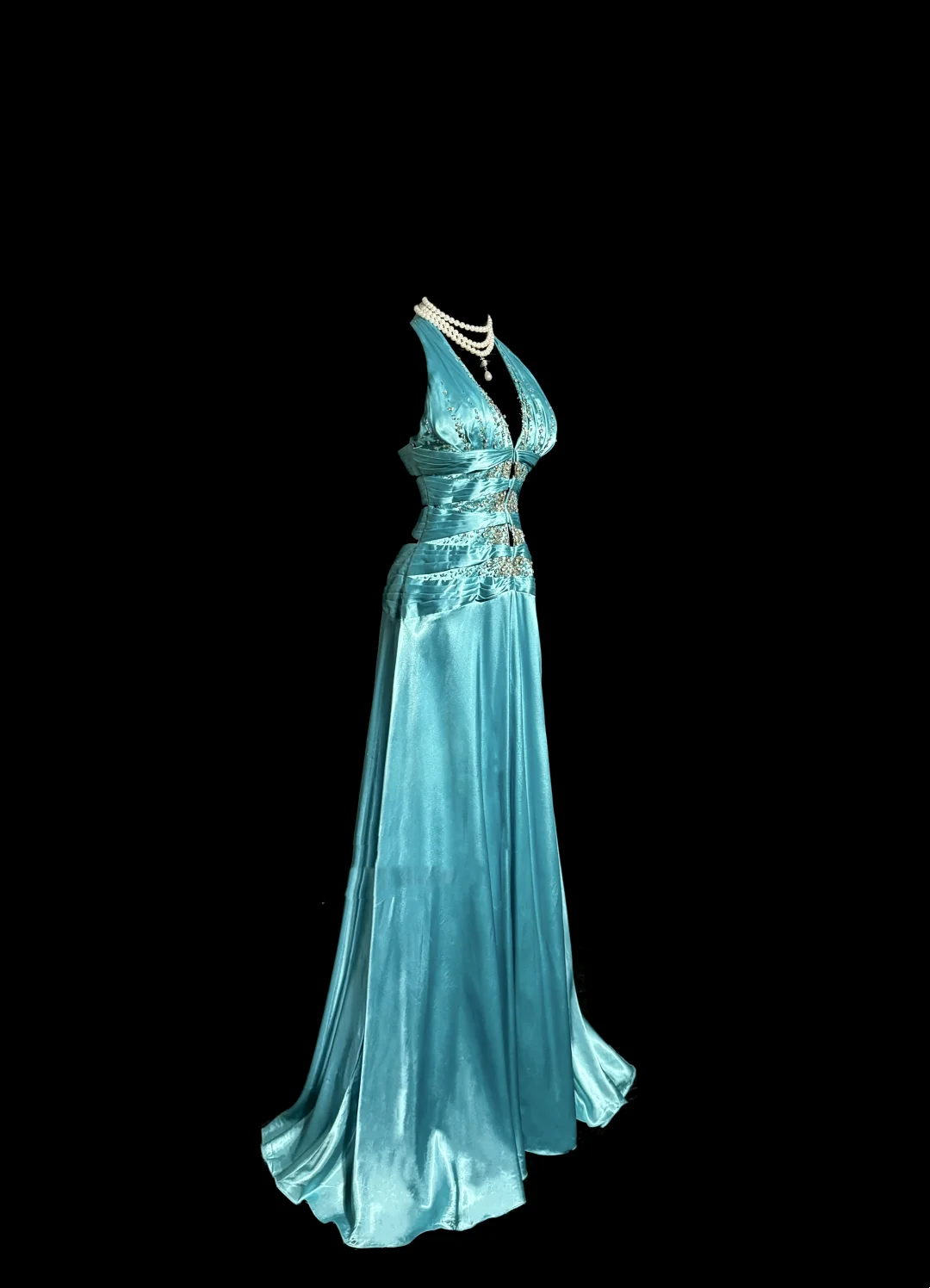 Vintage A line Halter Blue 1950s Retro Classy Satin Long Prom Dresses Party Dress 21st Birthday Outfits Graduation Dresses W870