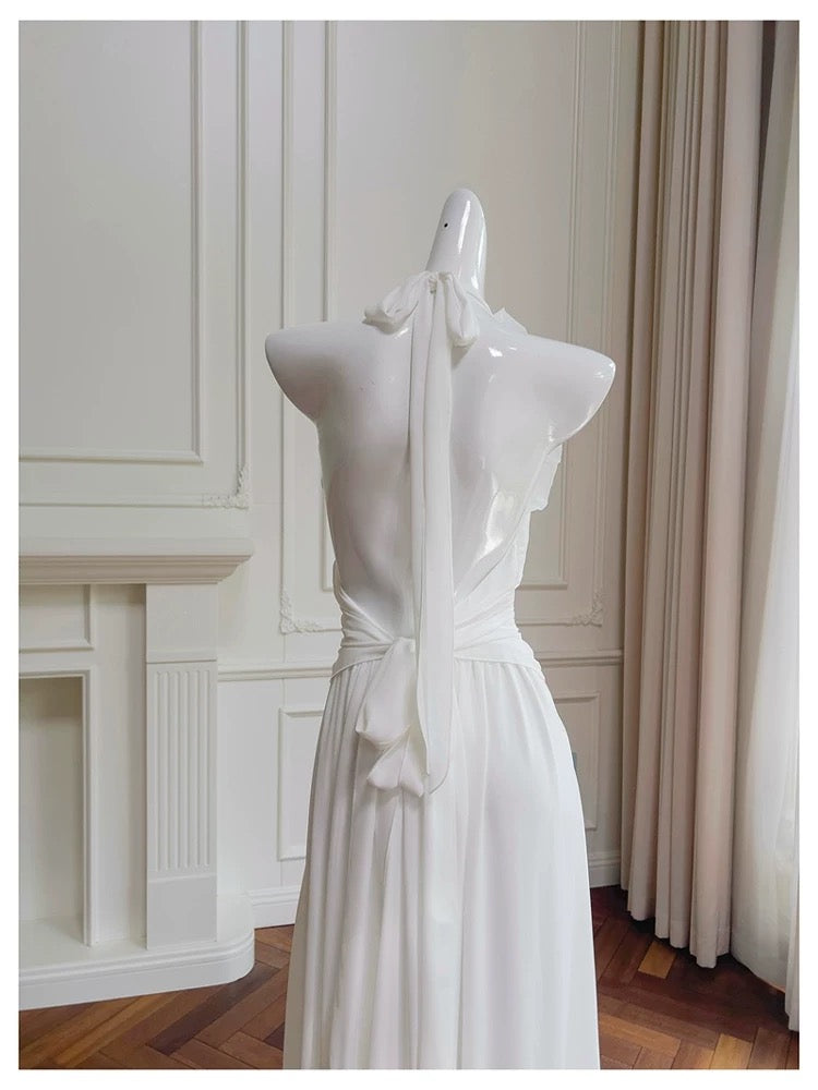 Robe de soirée longue en mousseline de soie, élégante, col licou, blanche, sans manches, robe de bal, W885