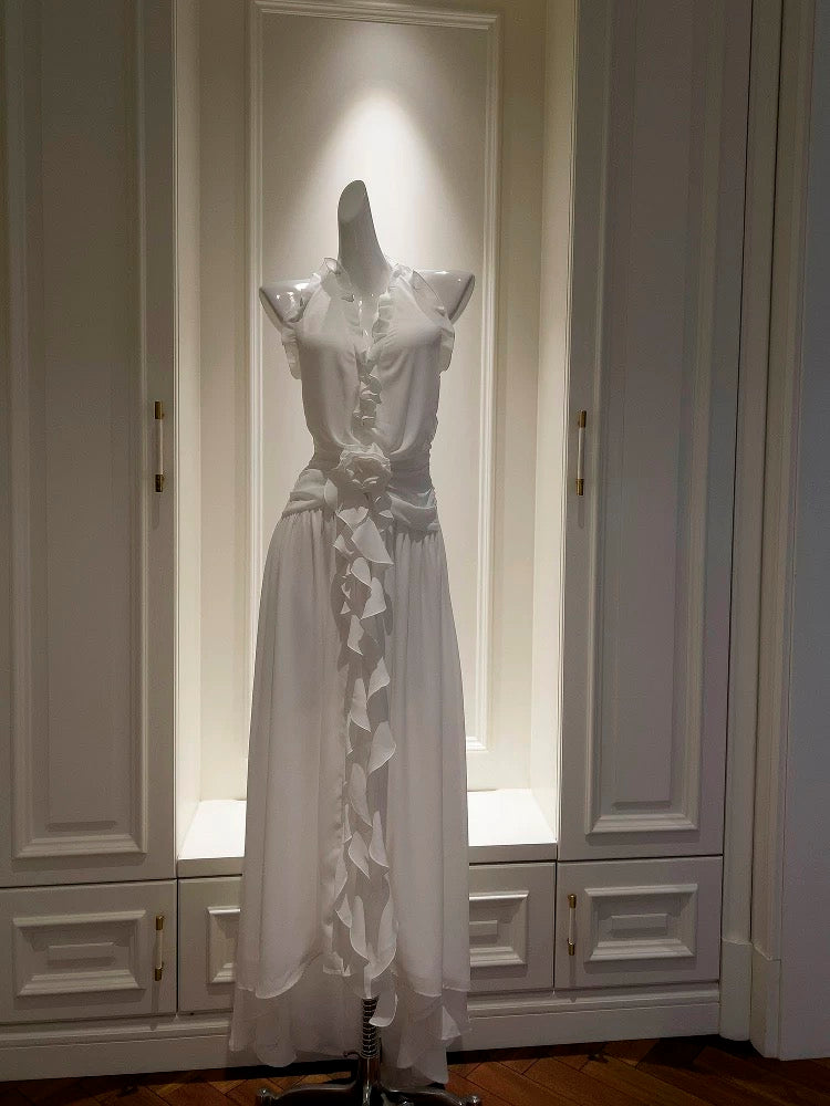Robe de soirée longue en mousseline de soie, élégante, col licou, blanche, sans manches, robe de bal, W885