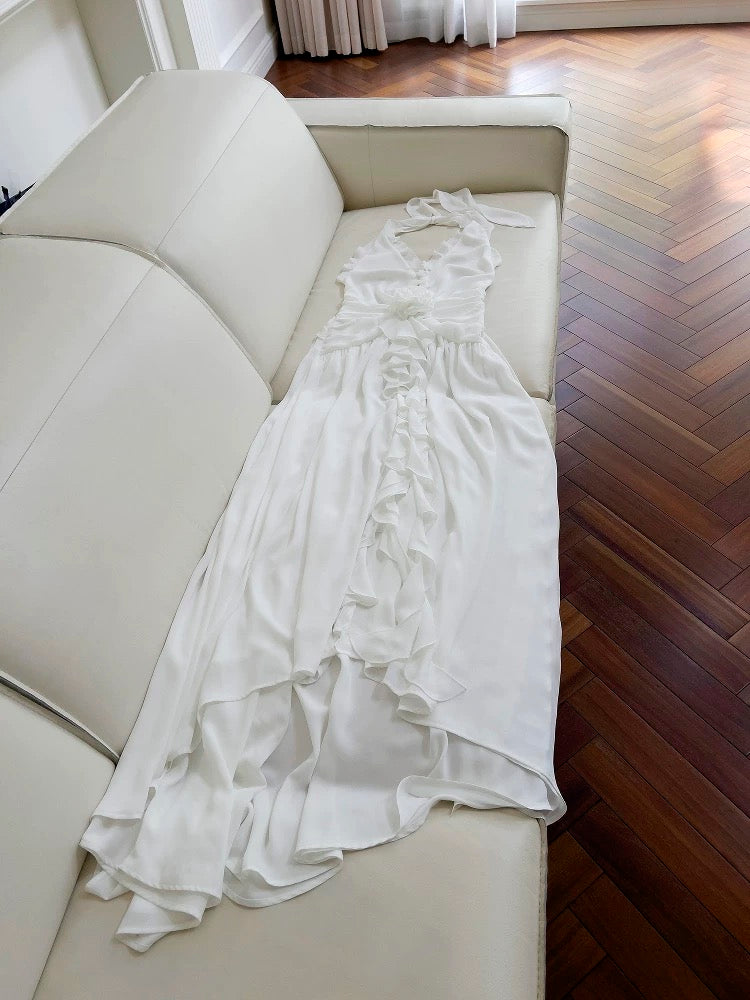Robe de soirée longue en mousseline de soie, élégante, col licou, blanche, sans manches, robe de bal, W885