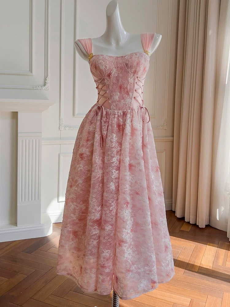 Robe de soirée élégante en mousseline de soie, coupe trapèze, en dentelle rose, sans manches, longue, robe de bal, W886