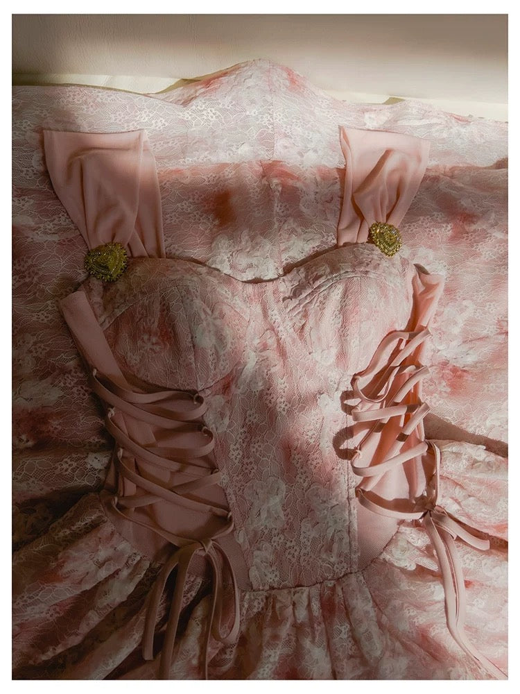 Robe de soirée élégante en mousseline de soie, coupe trapèze, en dentelle rose, sans manches, longue, robe de bal, W886