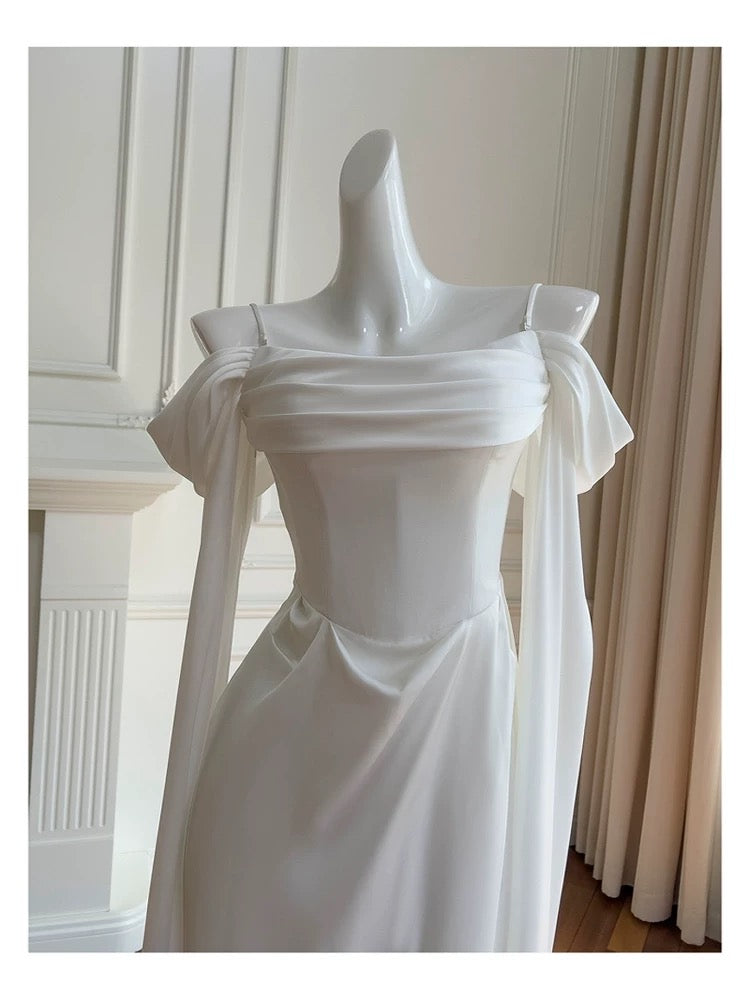 Elegant A line Spaghetti Straps Sleeveless White Chiffon Long Evening Party Gowns Evening Formal Dresses Prom Dress W887