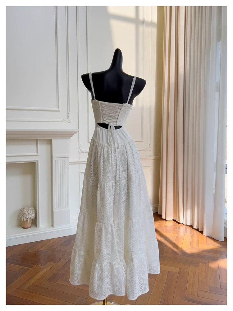 Robe de soirée longue blanche élégante à bretelles spaghetti et dentelle, sans manches, style sirène, robe de bal W894