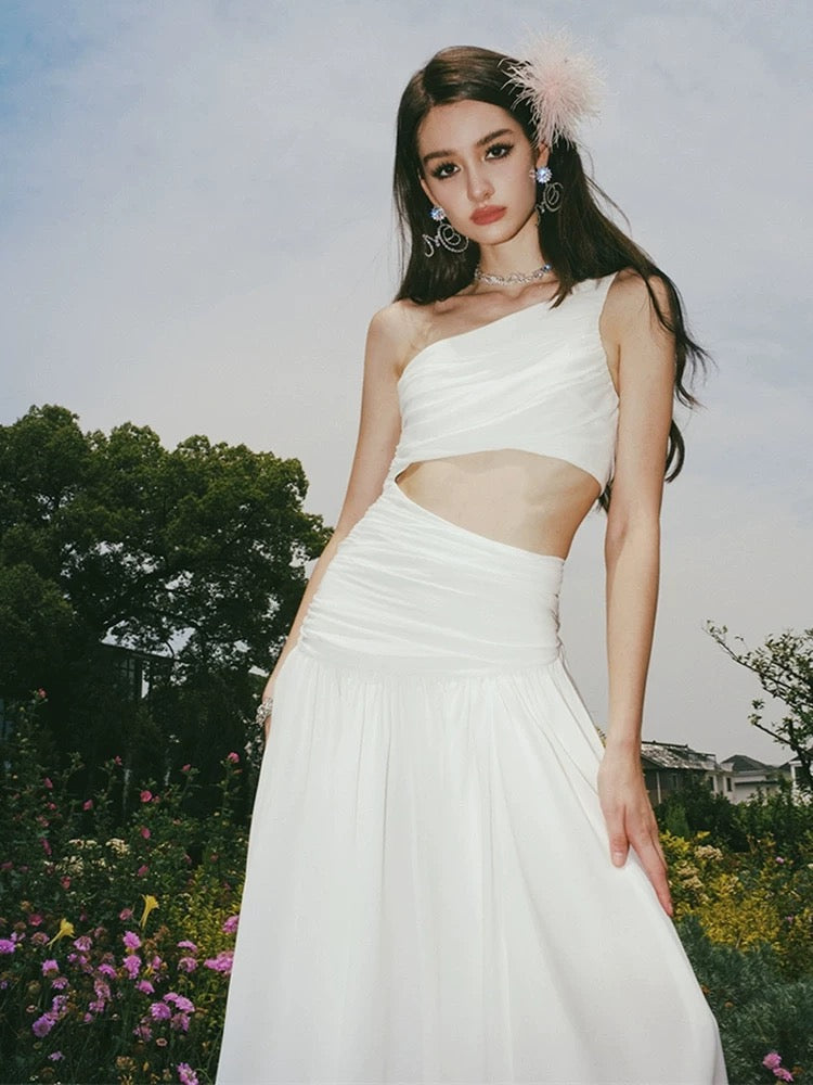 Elegant A line One Shoulder Sleeveless White Long Evening Party Gowns Evening Formal Dresses Prom Dress W897