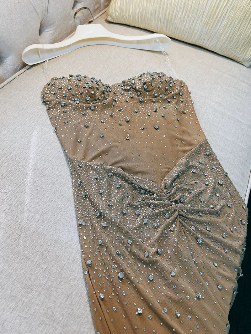 Robe de soirée longue élégante style sirène, décolleté en cœur, couleur champagne, sans manches, robe de bal W905