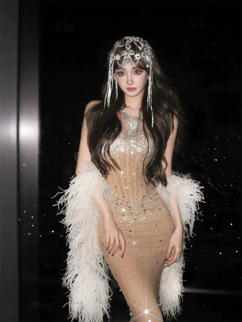 Robe de soirée longue élégante style sirène, décolleté en cœur, couleur champagne, sans manches, robe de bal W905