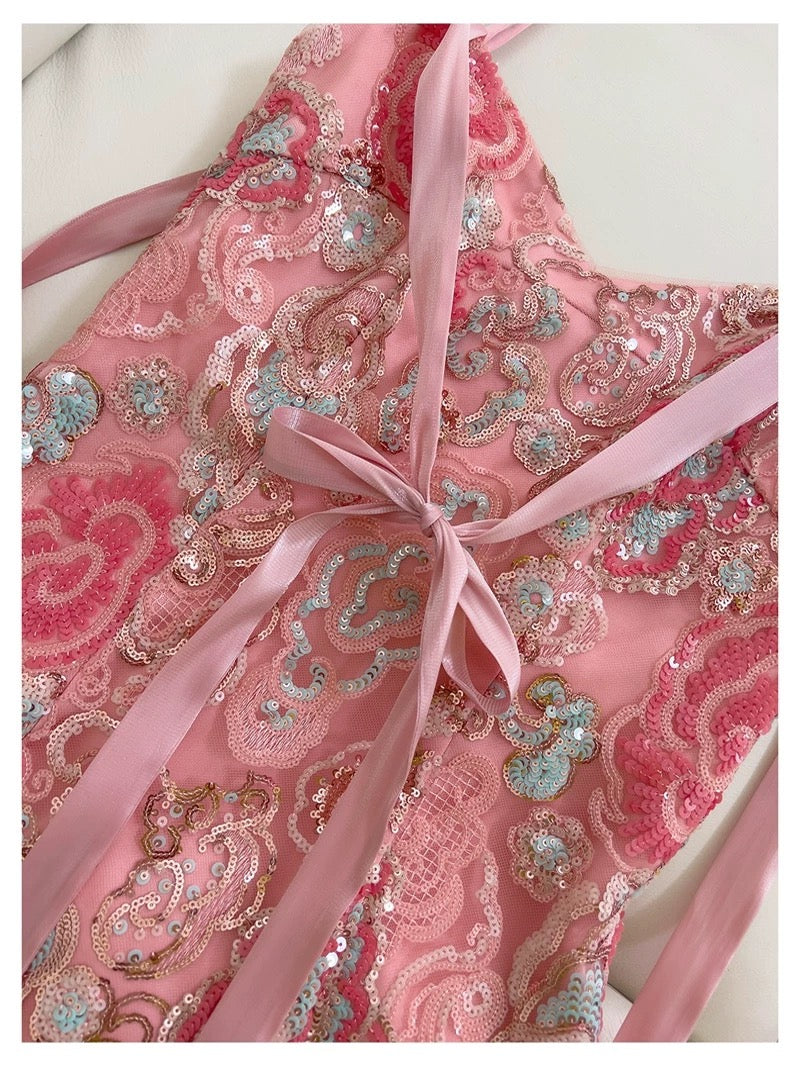 Pretty Sheath Spaghetti Straps Pink Sequin Summer 16th Birthday Dresses For Teens Hoco Dress Mini 18th Birthday Outfit Cocktail Dresses For Women W907