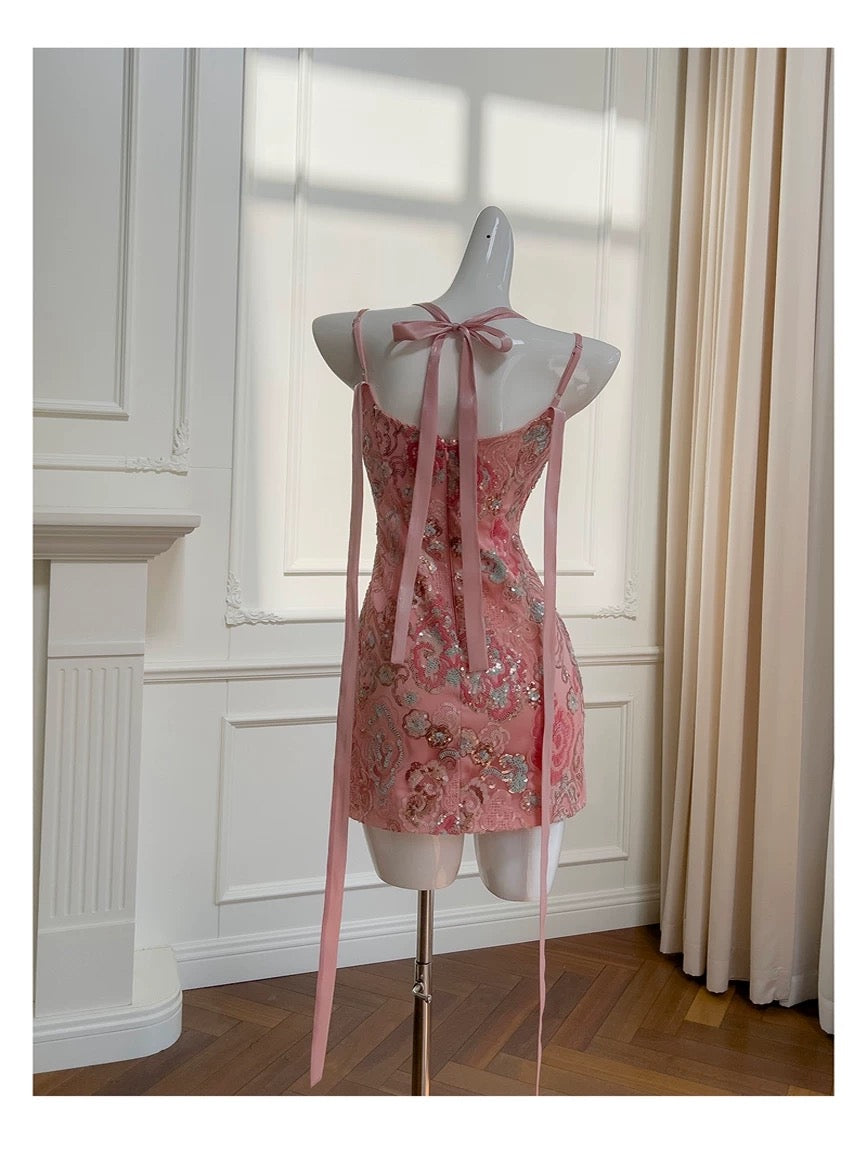 Pretty Sheath Spaghetti Straps Pink Sequin Summer 16th Birthday Dresses For Teens Hoco Dress Mini 18th Birthday Outfit Cocktail Dresses For Women W907