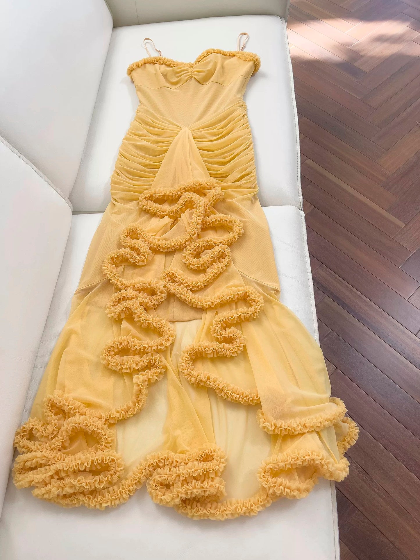 Elegant High Low Spaghetti Straps Yellow Sleeveless Long Evening Party Gowns Evening Formal Dresses Prom Dress W924
