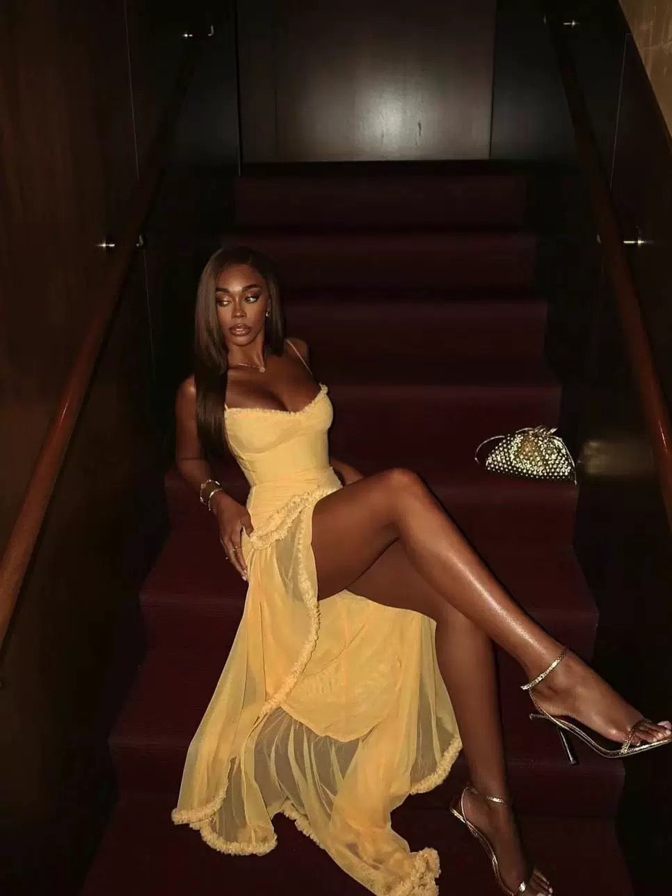 Elegant High Low Spaghetti Straps Yellow Sleeveless Long Evening Party Gowns Evening Formal Dresses Prom Dress W924
