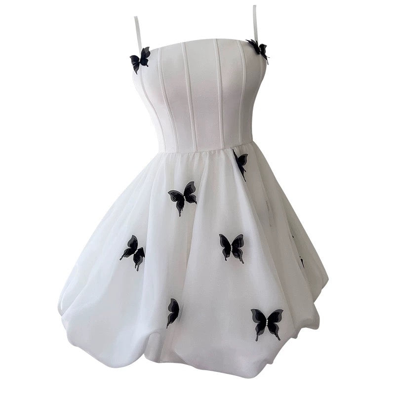 Robe de bal tendance à bretelles spaghetti, blanche, sans manches, courte, formelle, pour le bal de fin d'année, pour le collège, pour l'été, pour les fêtes, pour les anniversaires, W937