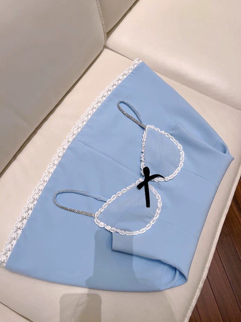 Robe de soirée courte bleue à bretelles spaghetti, coupe trapèze, tendance, pour le bal de fin d'année, pour le collège, tenue de cocktail, d'anniversaire, W956