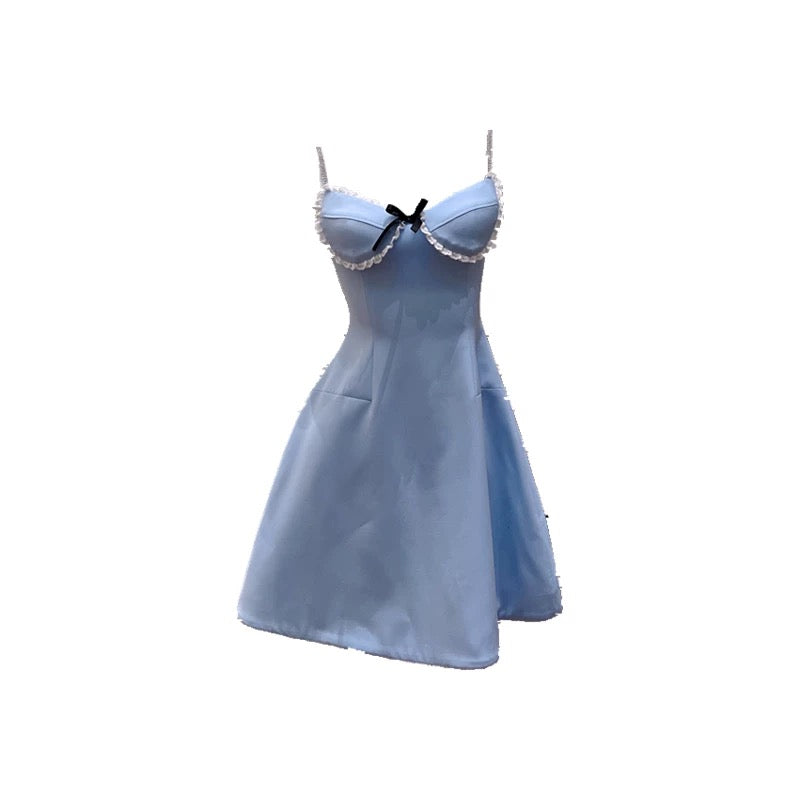 Robe de soirée courte bleue à bretelles spaghetti, coupe trapèze, tendance, pour le bal de fin d'année, pour le collège, tenue de cocktail, d'anniversaire, W956