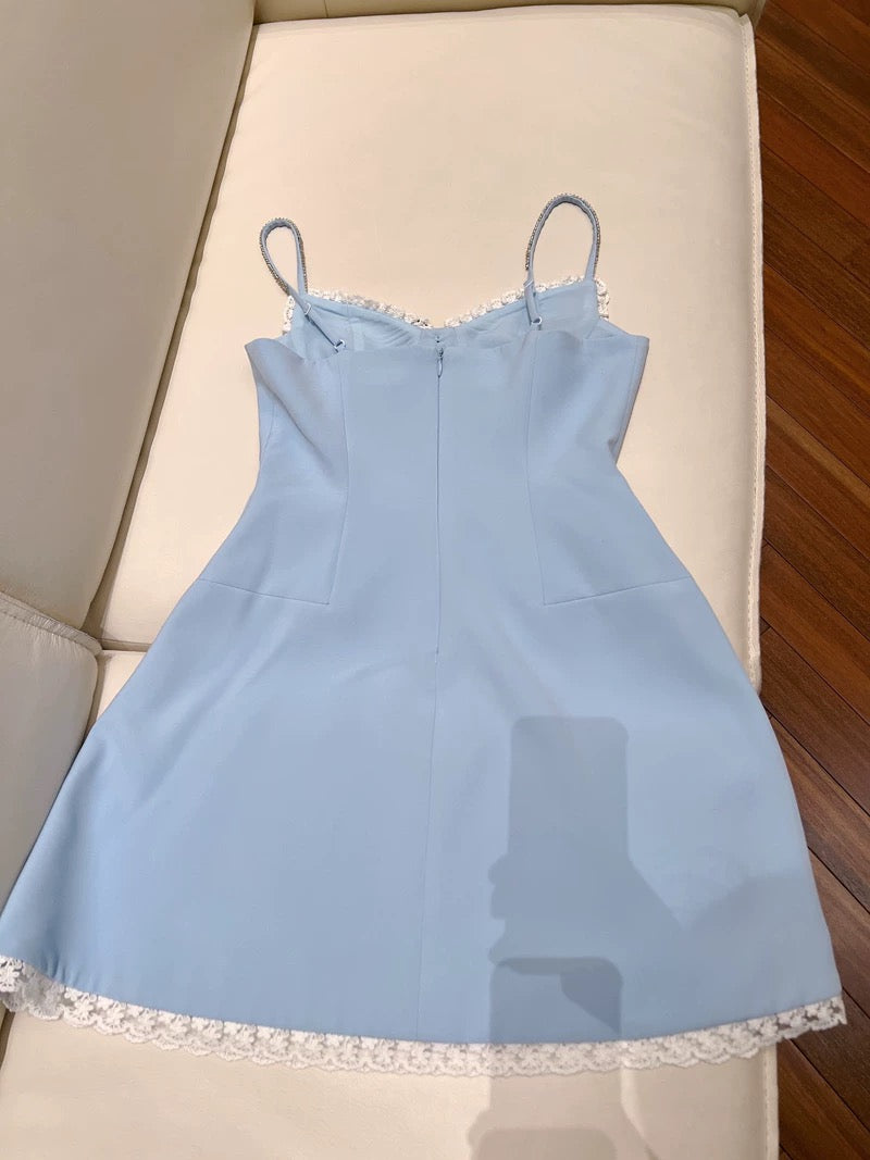 Robe de soirée courte bleue à bretelles spaghetti, coupe trapèze, tendance, pour le bal de fin d'année, pour le collège, tenue de cocktail, d'anniversaire, W956