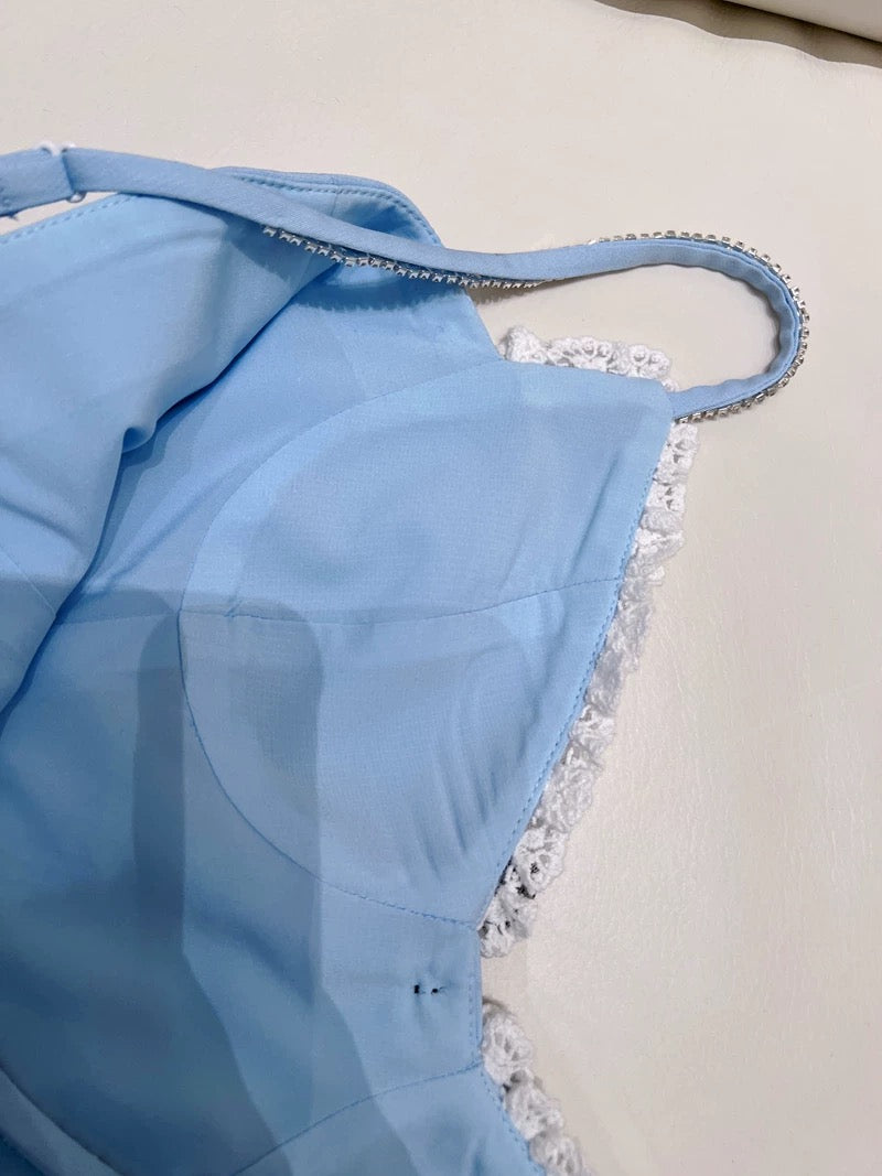 Robe de soirée courte bleue à bretelles spaghetti, coupe trapèze, tendance, pour le bal de fin d'année, pour le collège, tenue de cocktail, d'anniversaire, W956