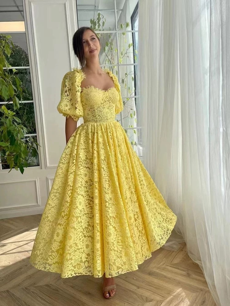 Elegant A line Sweetheart Lace Yellow Sleeveless Long Evening Party Gowns Evening Formal Dresses Prom Dress W957