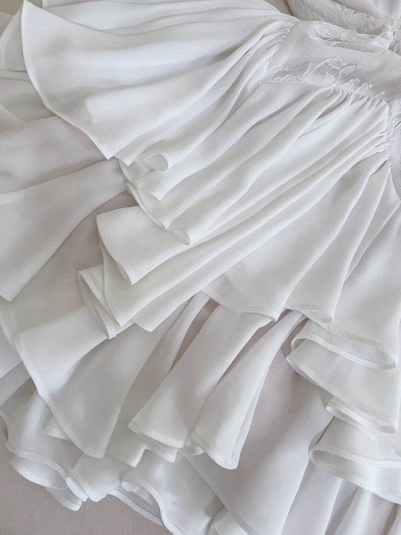 Robe de soirée courte en dentelle blanche à bretelles spaghetti, coupe trapèze, tendance, pour le collège, tenue de cocktail, d'anniversaire, W965