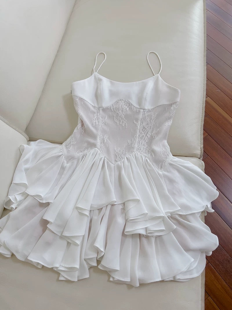 Robe de soirée courte en dentelle blanche à bretelles spaghetti, coupe trapèze, tendance, pour le collège, tenue de cocktail, d'anniversaire, W965