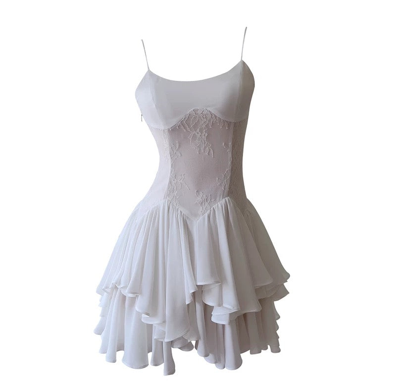 Robe de soirée courte en dentelle blanche à bretelles spaghetti, coupe trapèze, tendance, pour le collège, tenue de cocktail, d'anniversaire, W965
