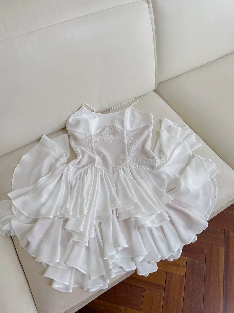Robe de soirée courte en dentelle blanche à bretelles spaghetti, coupe trapèze, tendance, pour le collège, tenue de cocktail, d'anniversaire, W965
