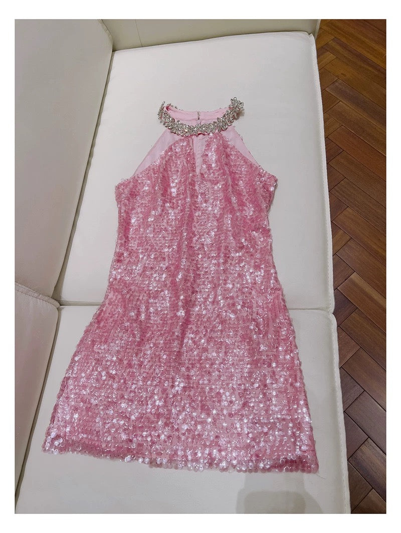 Cute Sheath High Neck Pink Sequin Formal Short 8th Grade Homecoming Dress Summer Middle School Hoco Dresses Birthday Outfits W985