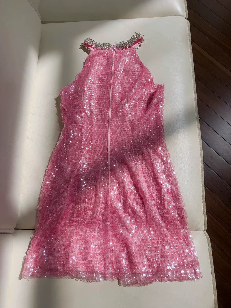 Cute Sheath High Neck Pink Sequin Formal Short 8th Grade Homecoming Dress Summer Middle School Hoco Dresses Birthday Outfits W985
