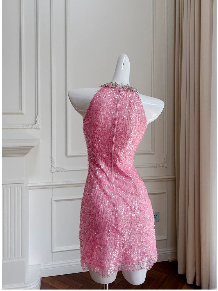 Cute Sheath High Neck Pink Sequin Formal Short 8th Grade Homecoming Dress Summer Middle School Hoco Dresses Birthday Outfits W985