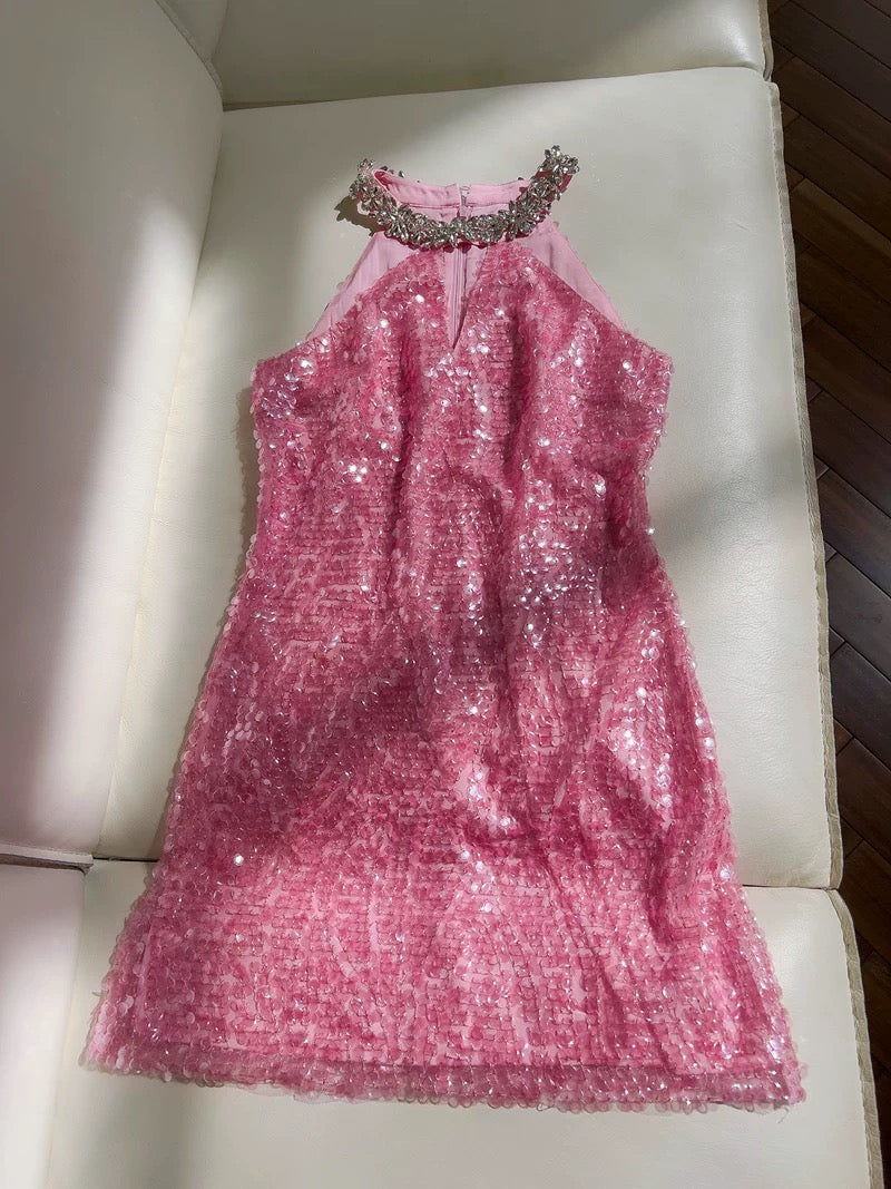 Cute Sheath High Neck Pink Sequin Formal Short 8th Grade Homecoming Dress Summer Middle School Hoco Dresses Birthday Outfits W985