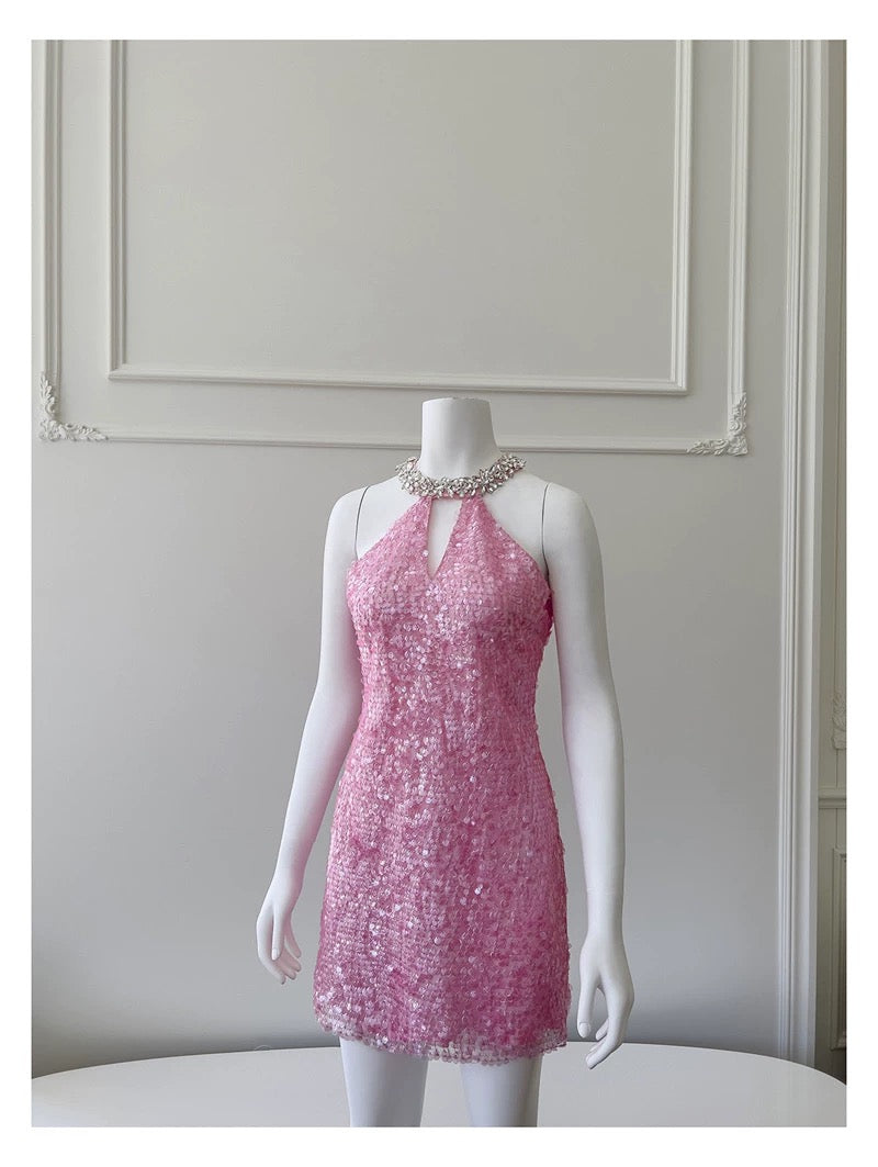 Cute Sheath High Neck Pink Sequin Formal Short 8th Grade Homecoming Dress Summer Middle School Hoco Dresses Birthday Outfits W985
