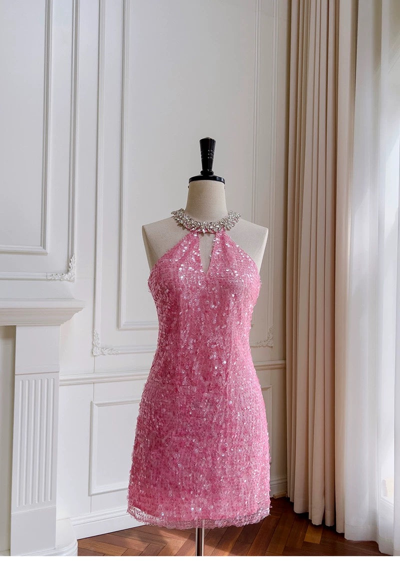 Cute Sheath High Neck Pink Sequin Formal Short 8th Grade Homecoming Dress Summer Middle School Hoco Dresses Birthday Outfits W985