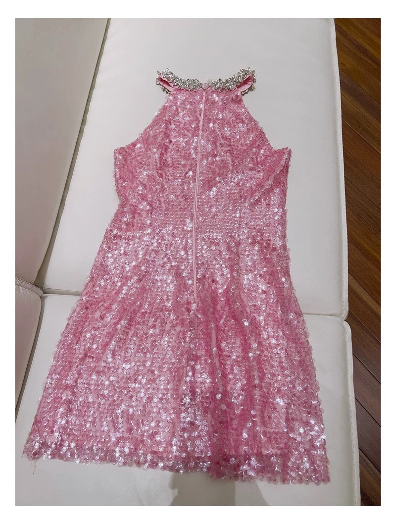 Cute Sheath High Neck Pink Sequin Formal Short 8th Grade Homecoming Dress Summer Middle School Hoco Dresses Birthday Outfits W985