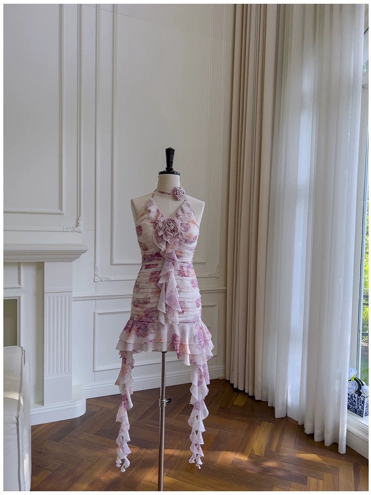 Jolie robe fourreau courte en mousseline de soie à volants et col licou pour le bal de fin d'année, tenue de cocktail ou d'anniversaire, style collège, W989