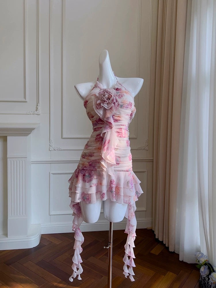 Jolie robe fourreau courte en mousseline de soie à volants et col licou pour le bal de fin d'année, tenue de cocktail ou d'anniversaire, style collège, W989