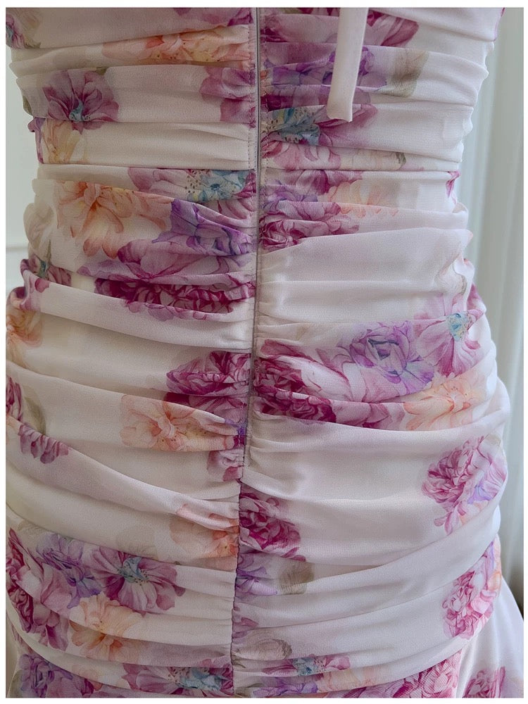 Jolie robe fourreau courte en mousseline de soie à volants et col licou pour le bal de fin d'année, tenue de cocktail ou d'anniversaire, style collège, W989