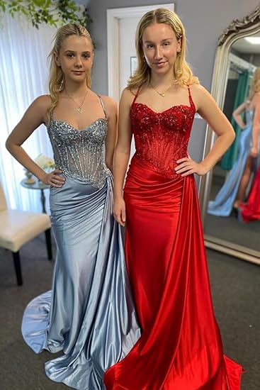 Sexy Mermaid Spaghetti Straps Mint Green Satin Slit Prom Dresses Party Dress Summer 20th Birthday Outfits Birthday Dresses W994