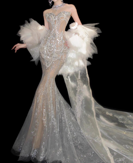 Retro Wedding Dress Mermaid Round Neck Sequin Long White Wedding Dresses Bridal Gowns WD045