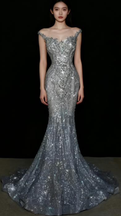 Sparkly Wedding Dress Mermaid Scoop Sequin Long Silver Corset Back Wedding Dresses Brides Dress Bridal Gowns WD053