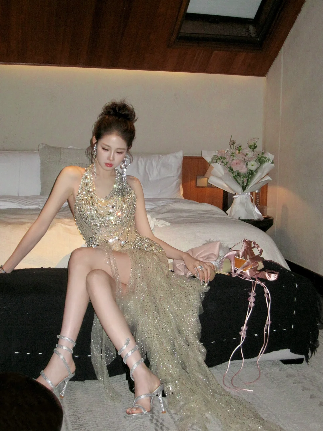 Classy Mermaid Halter Sequin Champagne Tulle Sequin Long Prom Dresses Party Dress Birthday Outfits Graduation Dresses W083
