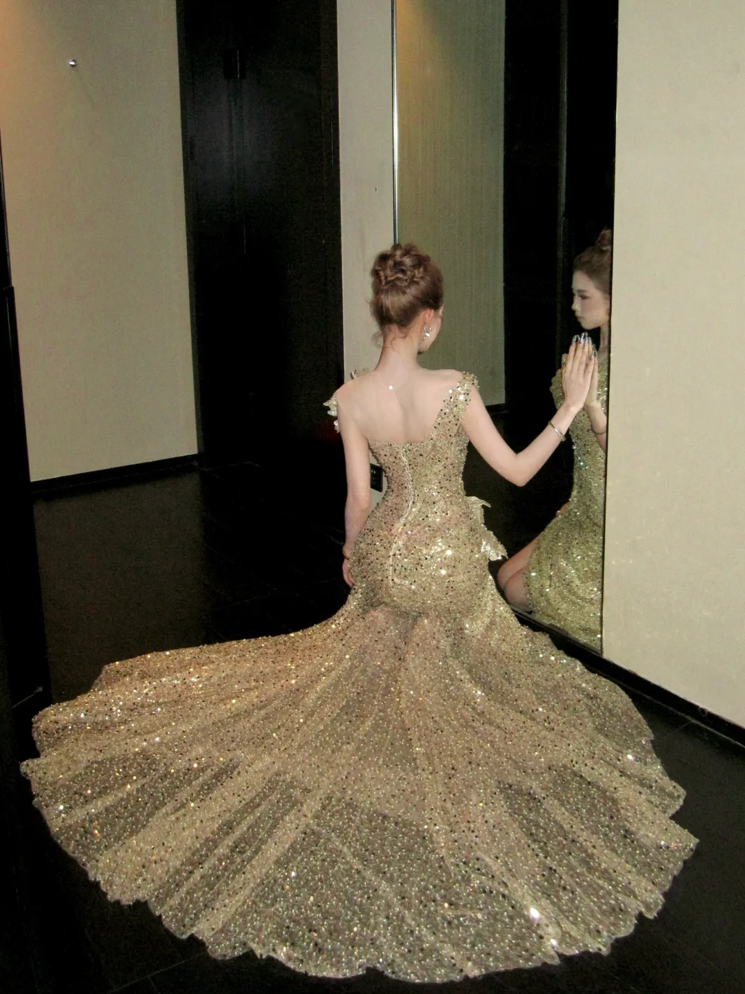 Classy Mermaid Scoop Sequin Gold Long Prom Dresses Party Dress Birthday Outfits Graduation Dresses W086