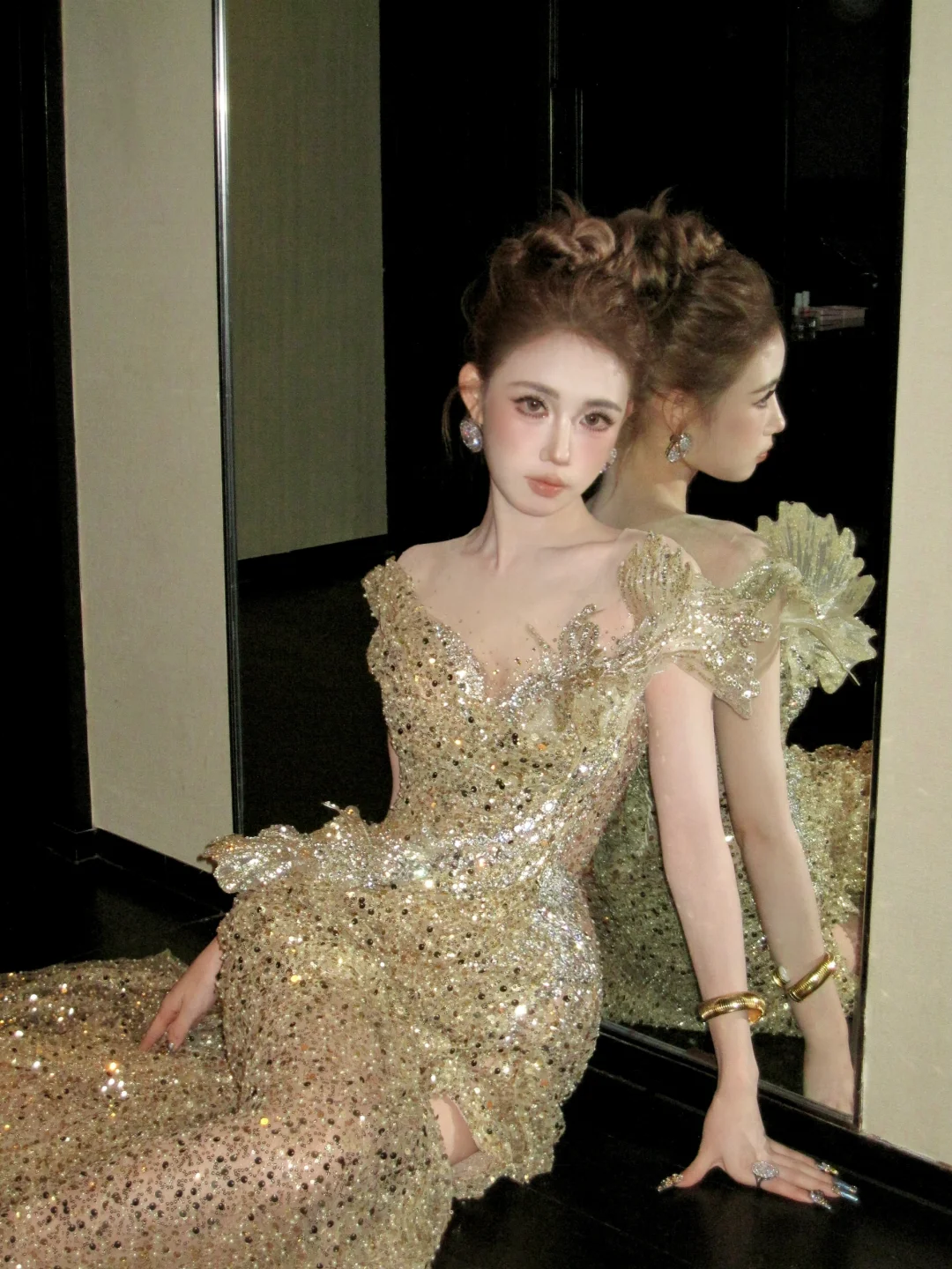 Classy Mermaid Scoop Sequin Gold Long Prom Dresses Party Dress Birthday Outfits Graduation Dresses W086