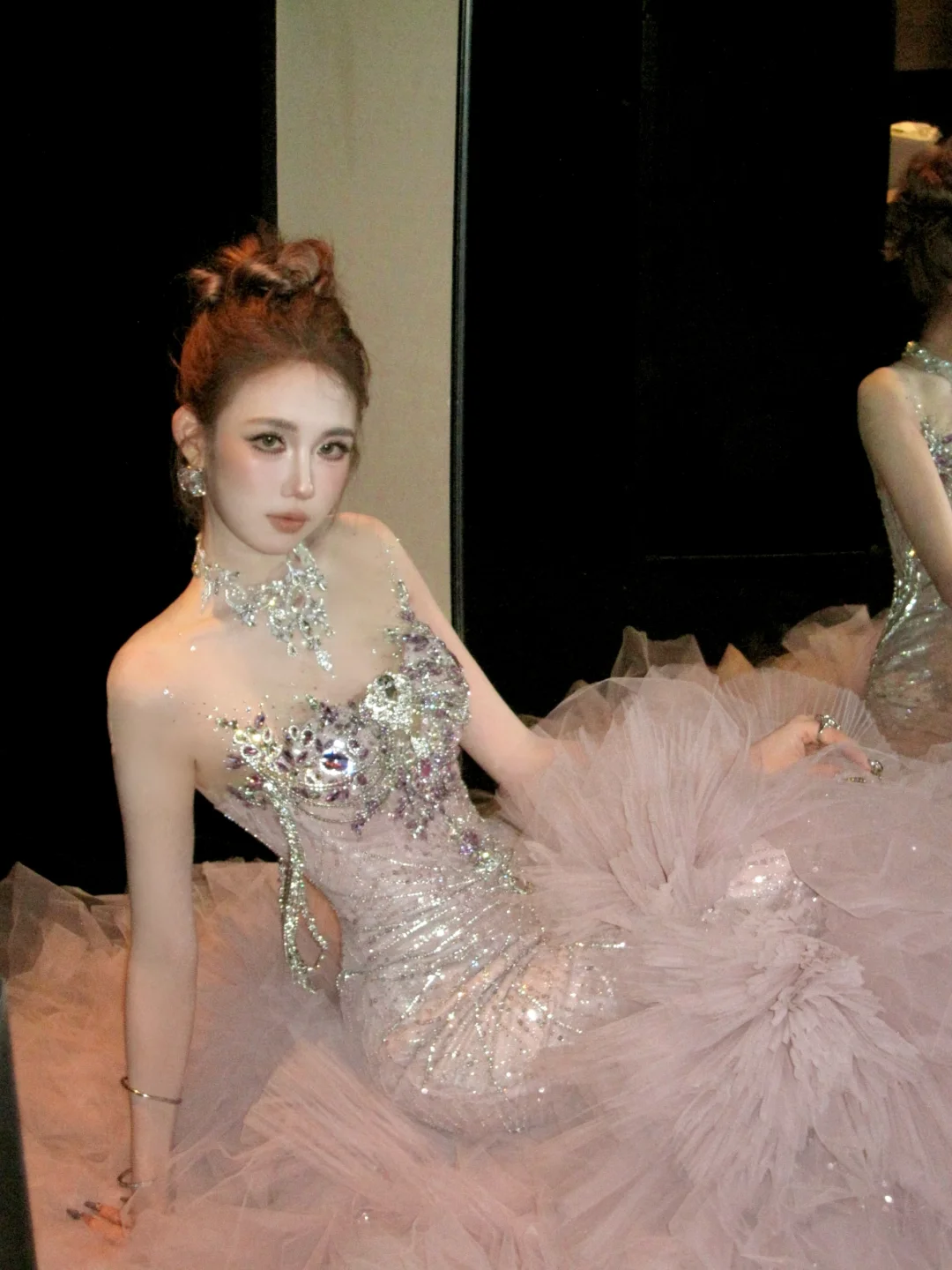 Classy Mermaid High Neck Pink Sequin Layers Tulle Long Prom Dresses Party Dress Birthday Outfits Graduation Dresses WD087