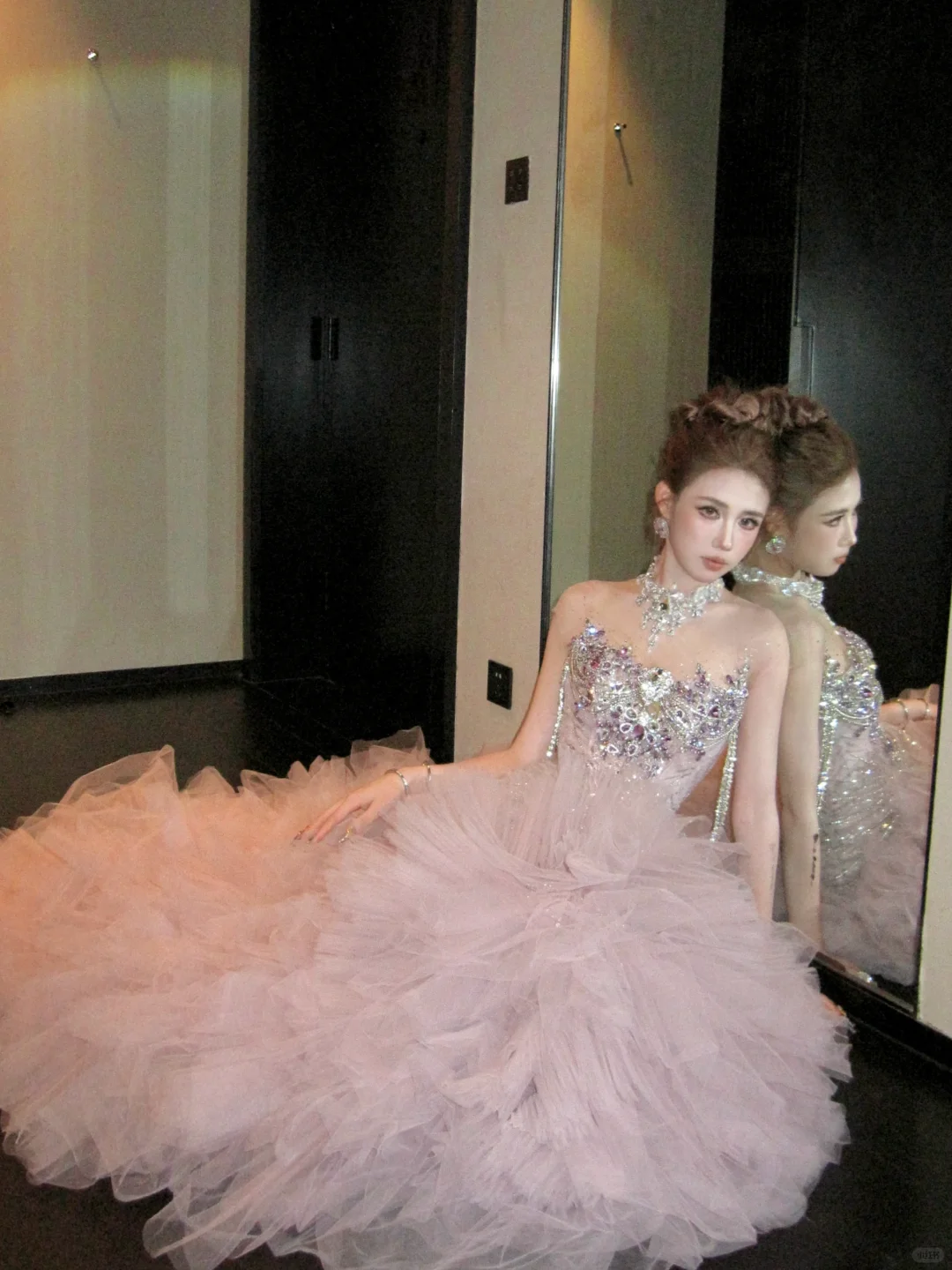 Classy Mermaid High Neck Pink Sequin Layers Tulle Long Prom Dresses Party Dress Birthday Outfits Graduation Dresses WD087