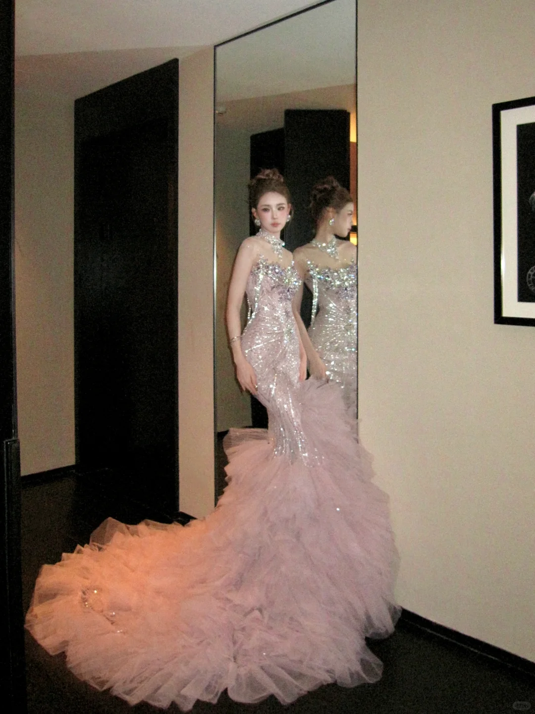 Classy Mermaid High Neck Pink Sequin Layers Tulle Long Prom Dresses Party Dress Birthday Outfits Graduation Dresses WD087
