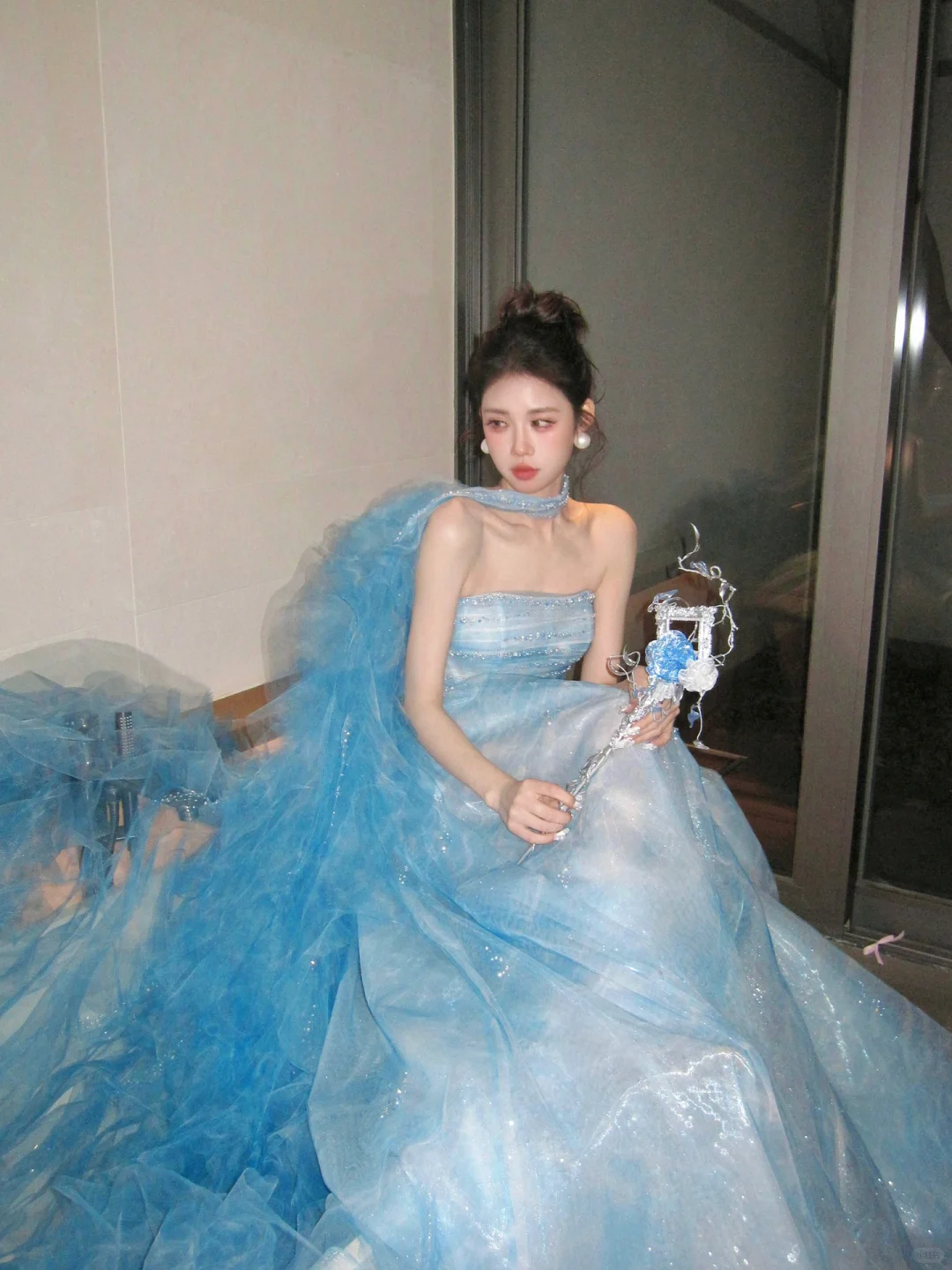 Classy Ball Gown Strapless Blue Layers Tulle Long Prom Dresses Party Dress Birthday Outfits Graduation Dresses WD092