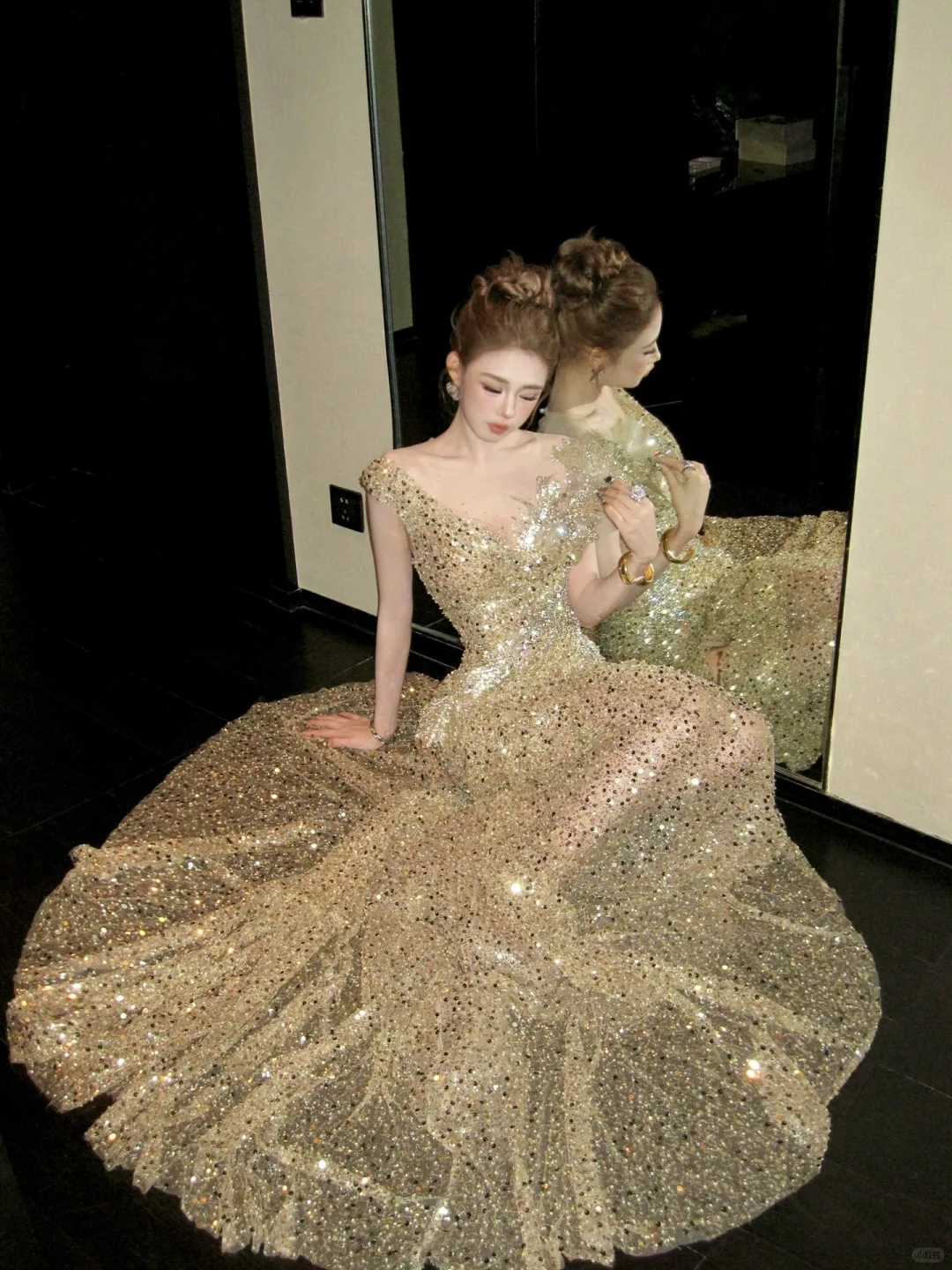 Classy Mermaid Scoop Sequin Gold Long Prom Dresses Party Dress Birthday Outfits Graduation Dresses W086