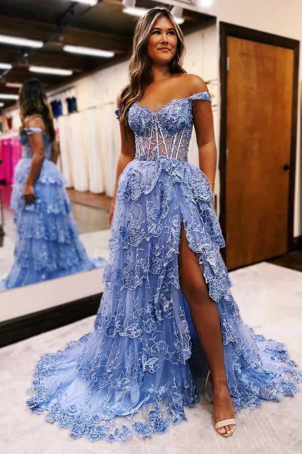 Pretty Off the Shoulder Black Tulle Appliques Off-the-Shoulder Ruffle Long Prom Dress Graduation Dress DP517